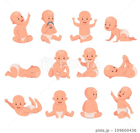 Cute baby. Newborn toddler. Happy infant in diaper. Girl crawling or sleeping. Daughter growth. Kid sitting and playing. Children poses and actions set. Vector cartoon illustration 109600436