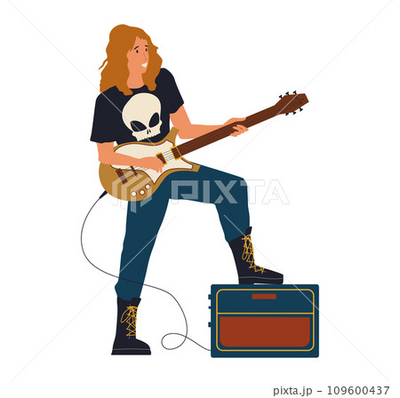 Rock concert. Cartoon musician with guitar. Metal band playing live music on stage. Musical festival. Rockers performance. Guitarist show. Nightlife entertainment. Vector illustration 109600437