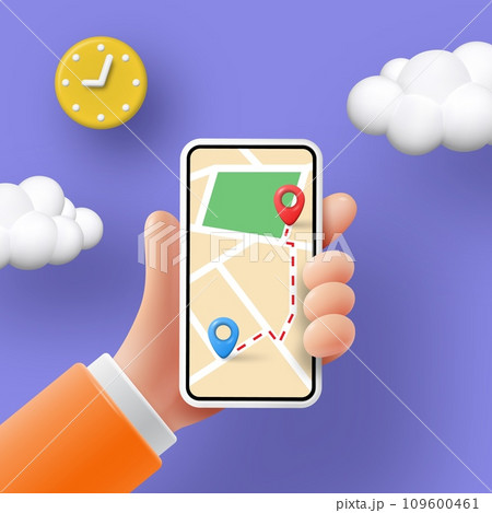 3D phone. GPS map. Smartphone application. Phone in hand. Mobile technology. Car journey route with direction, location pin and card. Travel path connection. Vector navigation icon 109600461