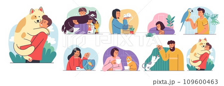 People pets. Men and women hold dog and cat, family owner love and care characters, puppy and fish, parrot and turtle in veterinarian clinic, funny vet. Vector cartoon flat style concept People pets. Men and women hold dog and cat, family owner love and care characters, puppy and fish, parrot and turtle in veterinarian clinic, funny vet. Vector cartoon flat style concept 109600463