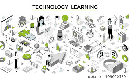 Technology learning. Isometric training. Education course. University study. Online knowledge communication. Students service. Library books. E-learning concept. Vector illustration 109600520