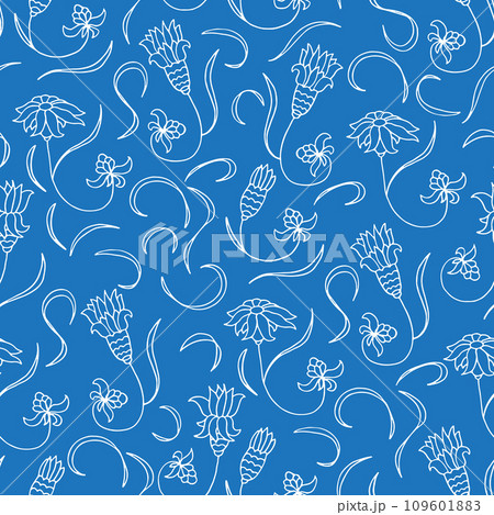 Blue background with white flowers in the style of art nouveau. Seamless pattern. 109601883
