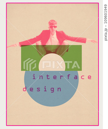 Young man, freelancer, interface designer working on creature of website visual impact. Ux Ui designer. Contemporary art collage Young man, freelancer, interface designer working on creature of website visual impact. Ux Ui designer. Contemporary art collage 109601949
