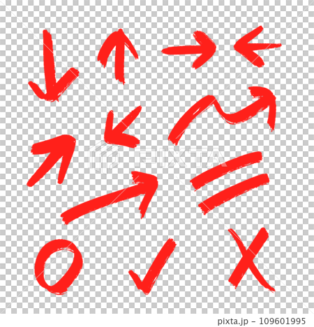 手書きの赤い色の複数の矢印とシンプルな記号のセット - ラフなマーカーのあしらいセット 109601995