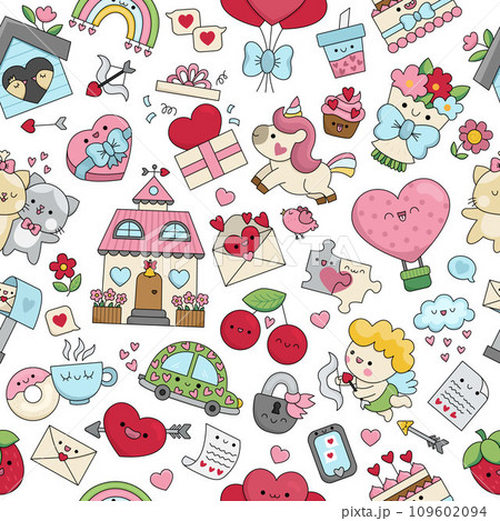 Vector kawaii Saint Valentine seamless pattern for kids. Cute cartoon repeat background. Traditional love holiday symbols digital paper with unicorn, hearts, cupid, flowers, cats, balloons 109602094