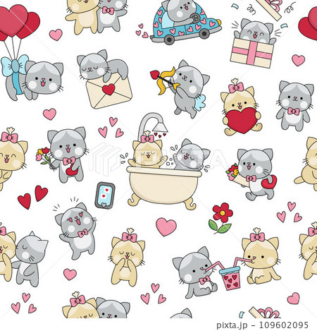 Vector kawaii Saint Valentine seamless pattern for kids. Cute cartoon repeat background. Traditional love holiday symbols digital paper with cats pair. Adorable dating kittens with heart, flowers 109602095