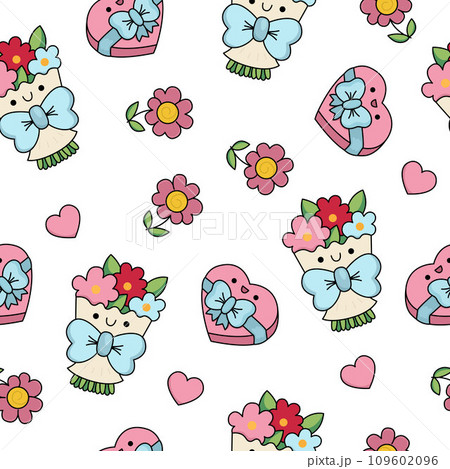 Vector kawaii Saint Valentine seamless pattern for kids. Cute cartoon repeat background. Traditional love holiday symbols digital paper with flower bouquets, candy box, flowers, hearts 109602096