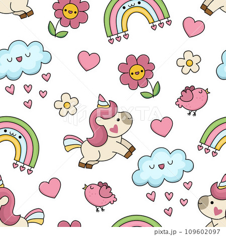 Vector kawaii Saint Valentine seamless pattern for kids. Cute cartoon repeat background. Traditional love holiday symbols digital paper with unicorn, hearts, rainbow, flowers, bird, cloud 109602097