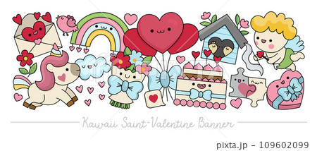 Saint Valentine horizontal banner with cute kawaii characters for kids. Vector cupid with unicorn, rainbow, hearts. Illustration with romantic symbols. Funny love holiday set for children 109602099