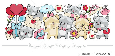 Saint Valentine horizontal banner with cute kawaii cats for kids. Vector kitten pair in love. Illustration with romantic symbols. Funny February holiday set for children with animals, hearts 109602101