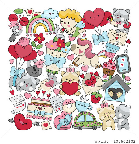Vector Saint Valentine square shaped frame for kids with kawaii characters. Love holiday illustration with funny cupid, unicorn, cats, hearts, flowers. Cute romantic elements set 109602102