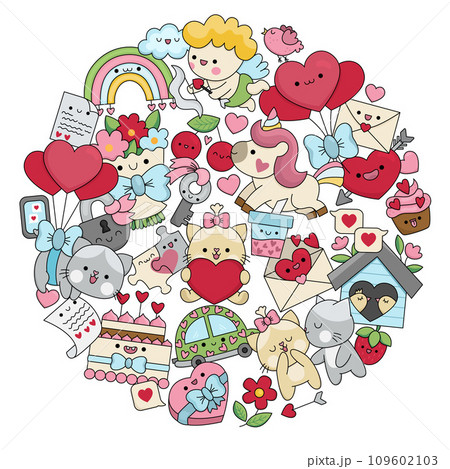Vector Saint Valentine round frame for kids with kawaii characters. Love holiday illustration with funny cupid, unicorn, cats, hearts, flowers framed in circle. Cute romantic elements set 109602103