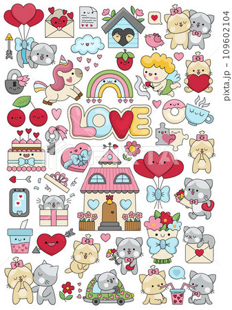 Vector Saint Valentine vertical poster for kids with kawaii characters. Love holiday illustration with funny cupid, unicorn, cats, hearts, flowers. Funny searching page. Cute romantic elements set 109602104