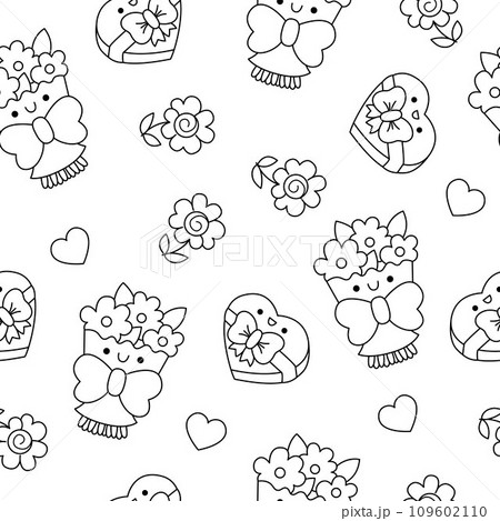 Vector black and white kawaii Saint Valentine seamless pattern for kids. Cute cartoon line repeat background. Love holiday symbols coloring page with flower bouquet, candy box, flower 109602110