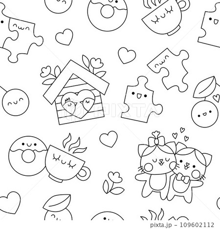 Vector black and white kawaii Saint Valentine seamless pattern for kids. Cute cartoon line repeat background with perfect match concept. Love holiday coloring page with puzzle pieces Vector black and white kawaii Saint Valentine seamless pattern for kids. Cute cartoon line repeat background with perfect match concept. Love holiday coloring page with puzzle pieces 109602112