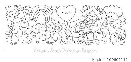 Saint Valentine black and white horizontal banner with cute kawaii characters for kids. Vector cupid, unicorn, rainbow, hearts. Line illustration with romantic symbols. Love holiday set or coloring 109602113