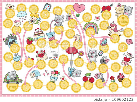 Saint Valentine board game for children with funny cat boy going to cat girl. Love holiday party boardgame with unicorn, rainbow, flowers, bird, hearts. Cute printable roll a dice activity 109602122