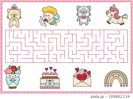 Saint Valentine maze for kids. Love holiday preschool printable activity with kawaii characters. Labyrinth game or puzzle with cute cupid, cats, unicorn, rainbow. Whose present Saint Valentine maze for kids. Love holiday preschool printable activity with kawaii characters. Labyrinth game or puzzle with cute cupid, cats, unicorn, rainbow. Whose present 109602134