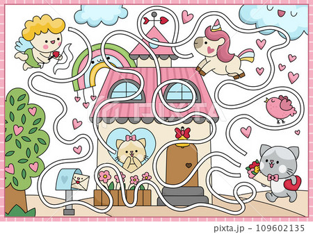 Saint Valentine maze for kids. Love holiday preschool printable activity with kawaii unicorn, rainbow, cupid. Labyrinth game or puzzle with cute romantic date scene, cat going home with flowers Saint Valentine maze for kids. Love holiday preschool printable activity with kawaii unicorn, rainbow, cupid. Labyrinth game or puzzle with cute romantic date scene, cat going home with flowers 109602135