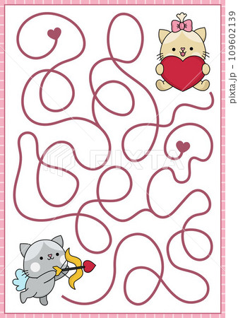 Saint Valentine maze for kids. Love holiday preschool printable activity with kawaii cats. Labyrinth game or puzzle with cute kitten cupid with bow and arrows and his pair sitting with big heart 109602139