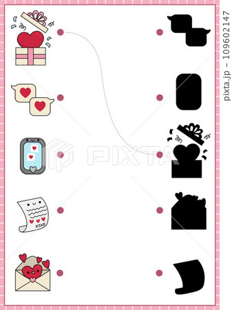 Saint Valentine shadow matching activity. Love holiday shape recognition puzzle with kawaii symbols. Find correct silhouette printable worksheet. Cute page for kids with present, letter, phone Saint Valentine shadow matching activity. Love holiday shape recognition puzzle with kawaii symbols. Find correct silhouette printable worksheet. Cute page for kids with present, letter, phone 109602147