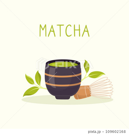 Matcha tea poster. Set of traditional cup, whisk, tea leaves in flat style. Tools for Japanese matcha tea ceremony. Vector illustration 109602168