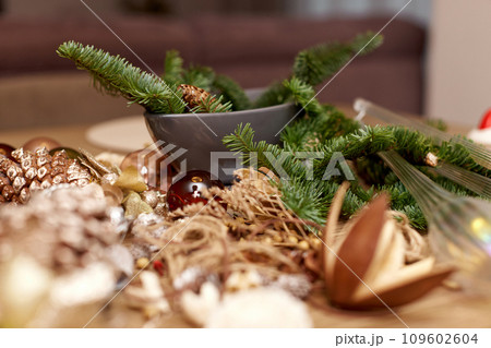 Homemade Craft christmas tools and decorations on table 109602604