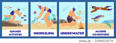 Snorkeling activity, people in diving mask swimming in sea observing fauna of coral reef, marine adventures vector set Snorkeling activity, people in diving mask swimming in sea observing fauna of coral reef, marine adventures vector set 109602679