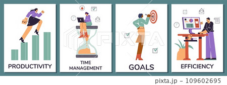 Collection of people successfully organizing their efficiency and productivity, effective time management posters set Collection of people successfully organizing their efficiency and productivity, effective time management posters set 109602695