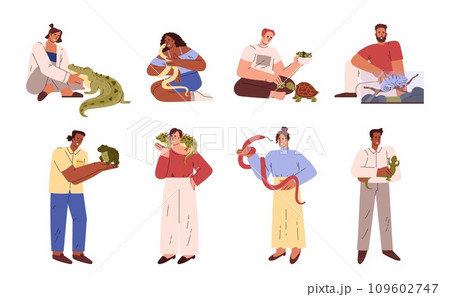 Owners take care of their exotic pets reptiles, frog guana, turtle, crocodile and snakes, vector people with animals set Owners take care of their exotic pets reptiles, frog guana, turtle, crocodile and snakes, vector people with animals set 109602747
