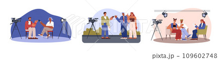Journalist tv reporter interviewing quests, flat vector illustration isolated. Journalist tv reporter interviewing quests, flat vector illustration isolated. 109602748