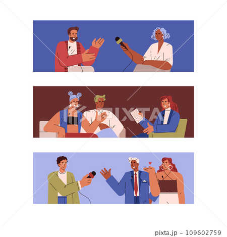 Tv show with guest and journalist, dialogue, news reporter or television presenter interviewing celebrity vector set 109602759