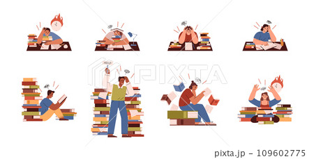 Stressed students learning before exams or test vector illustration isolated. 109602775