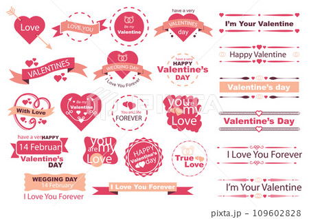 Valentine Day banners mega set in flat design. Bundle elements of romantic inscriptions and quotes on ribbons, labels, border frames, dividers decoration. Vector illustration isolated graphic objects 109602828
