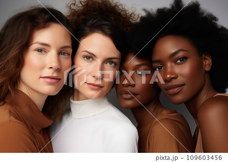 Beautiful women with various skin tones, group of people from different ethnic backgrounds, diversity of human skintones, unique skin tone shades, authenticity and inclusivity concept 109603456