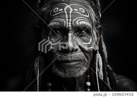 Portrait capturing the essence of indigenous culture. Man adorned with traditional feathered headdress and beaded necklace, exudes sense of strength and heritage against black background, indigenous 109603458