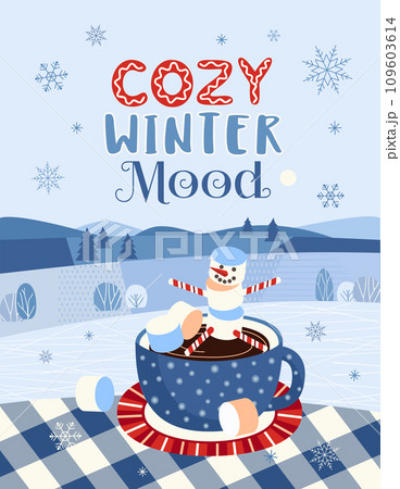 Marshmallow snowman in Hot cocoa mug fancy vector 109603614