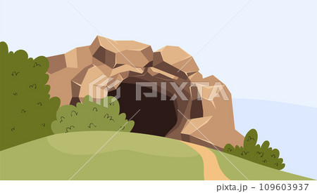 Stone age cave. Vector illustration drawing in cartoon flat style. 109603937