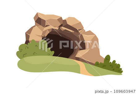Cave with bushes and path going to entrance...のイラスト素材 [109603947] - PIXTA