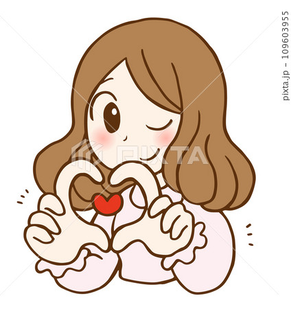 手でハートを作って愛をアピールする若い女性のイラスト 手でハートを作って愛をアピールする若い女性のイラスト 109603955