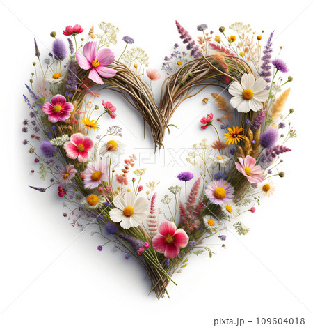 ハート型のフラワーリースのイラスト。バレンタインデー、クリスマス