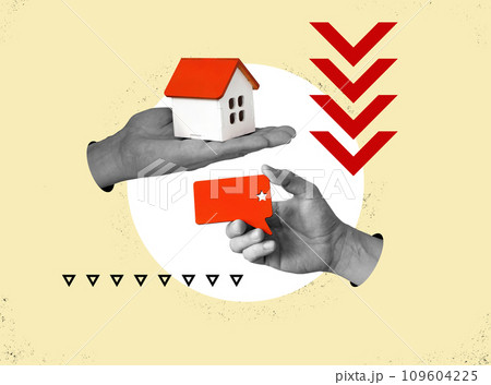 Real estate valuation collage. Hand holding house and negative bad evaluation. Real estate valuation collage. Hand holding house and negative bad evaluation. 109604225