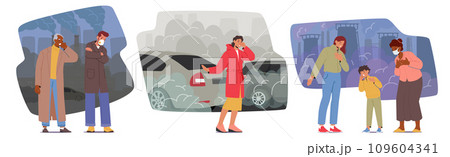 Characters In Gloomy Cityscape Wear Protective Masks, Their Faces Reflecting Sadness Amid Thick Air Pollution 109604341