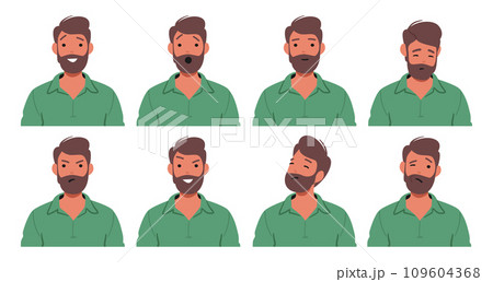 Male Character Emotions Set. Joy Radiates From A Wide Smile, Eyes Sparkle With Happiness, Vector Illustration Male Character Emotions Set. Joy Radiates From A Wide Smile, Eyes Sparkle With Happiness, Vector Illustration 109604368