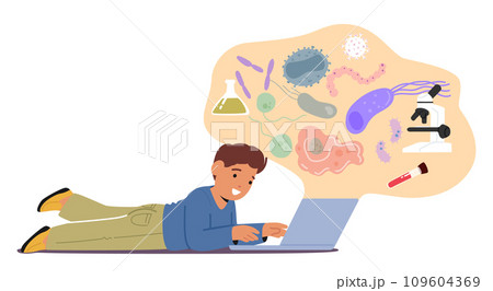 Curious Child Engrossed In Online Biology Lessons. Boy Character Exploring The Fascinating World Of Science On A Laptop Curious Child Engrossed In Online Biology Lessons. Boy Character Exploring The Fascinating World Of Science On A Laptop 109604369