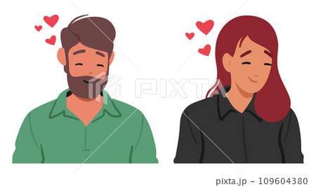 Loving People, Man and Woman In Love Wear Radiant Smiles, Eyes Downcast. Blush Adorns Characters Cheeks, Vector 109604380