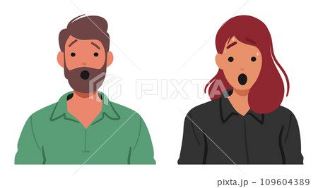 Man and Woman Faces Contorted In Shock, Eyes Widened, Sweat Dripping, And Mouths Agape, Vector Illustration 109604389