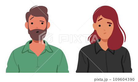 Man and Woman Faces Contorted In Bewilderment, Eyebrows Furrowed, And Lips Slightly Curved. Eyes Reflect Uncertainty Man and Woman Faces Contorted In Bewilderment, Eyebrows Furrowed, And Lips Slightly Curved. Eyes Reflect Uncertainty 109604390