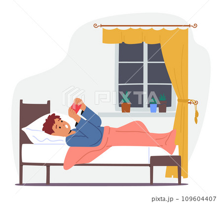 In The Night, Child Engrossed In A Smartphone Lies In Bed, Little Boy Character With Focused Face Looking On Screen 109604407