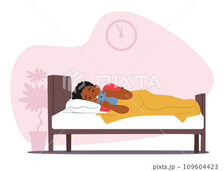 Child Engrossed In A Smartphone, Nestled In Bed. Little African American Boy Character Lying With Focused Face 109604423